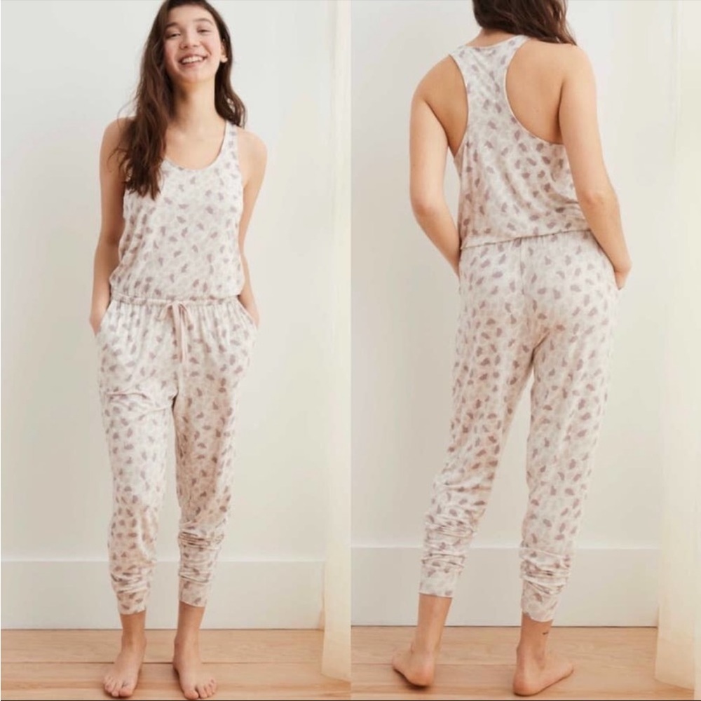 Aerie Cream & Lavender Camo Print Jumpsuit